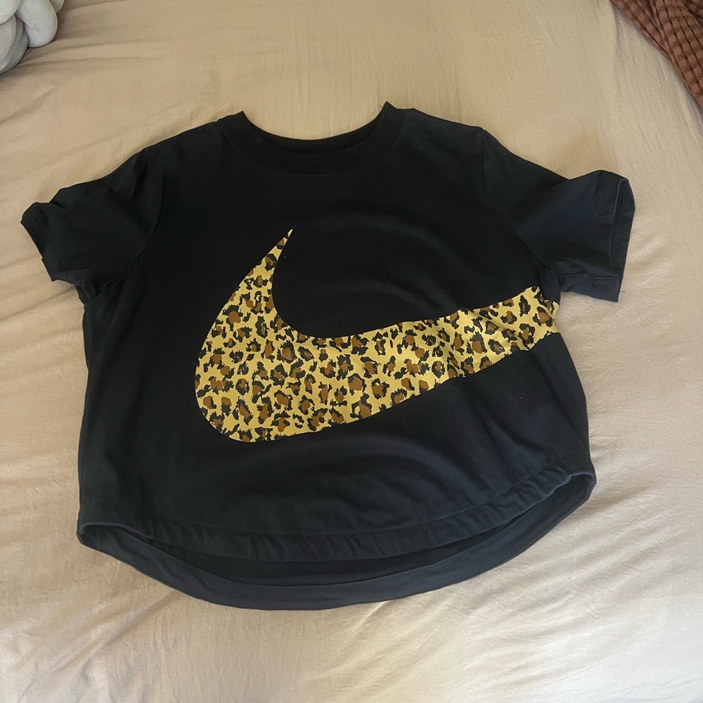 Nike Black and Gold Crop Top with Leopard Print